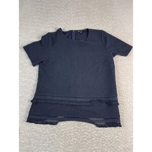 Banana Republic Blouse Womens Medium Navy Blue Short Sleeve Fringe Hem Top